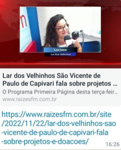 Leia mais sobre o artigo Programa Primeira Página da Raízes FM – Lar dos Velhinhos São Vicente de Paulo fala sobre projetos e doações.